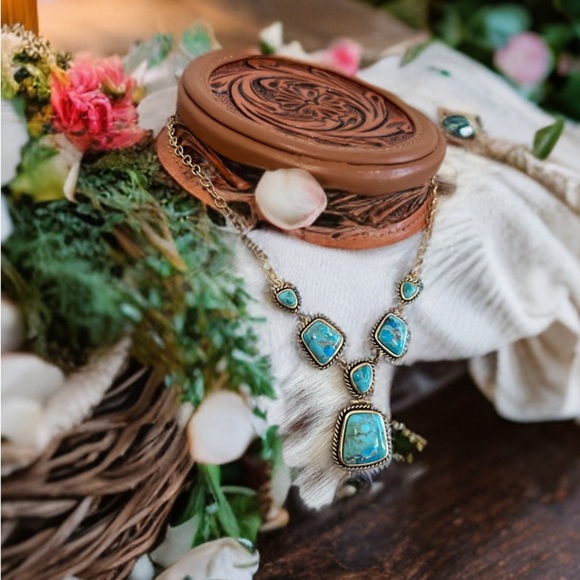 ✨New Genuine Blue Turquoise Stone Pendant Boho Necklace Statement Jewelry Brass - Picture 3 of 13